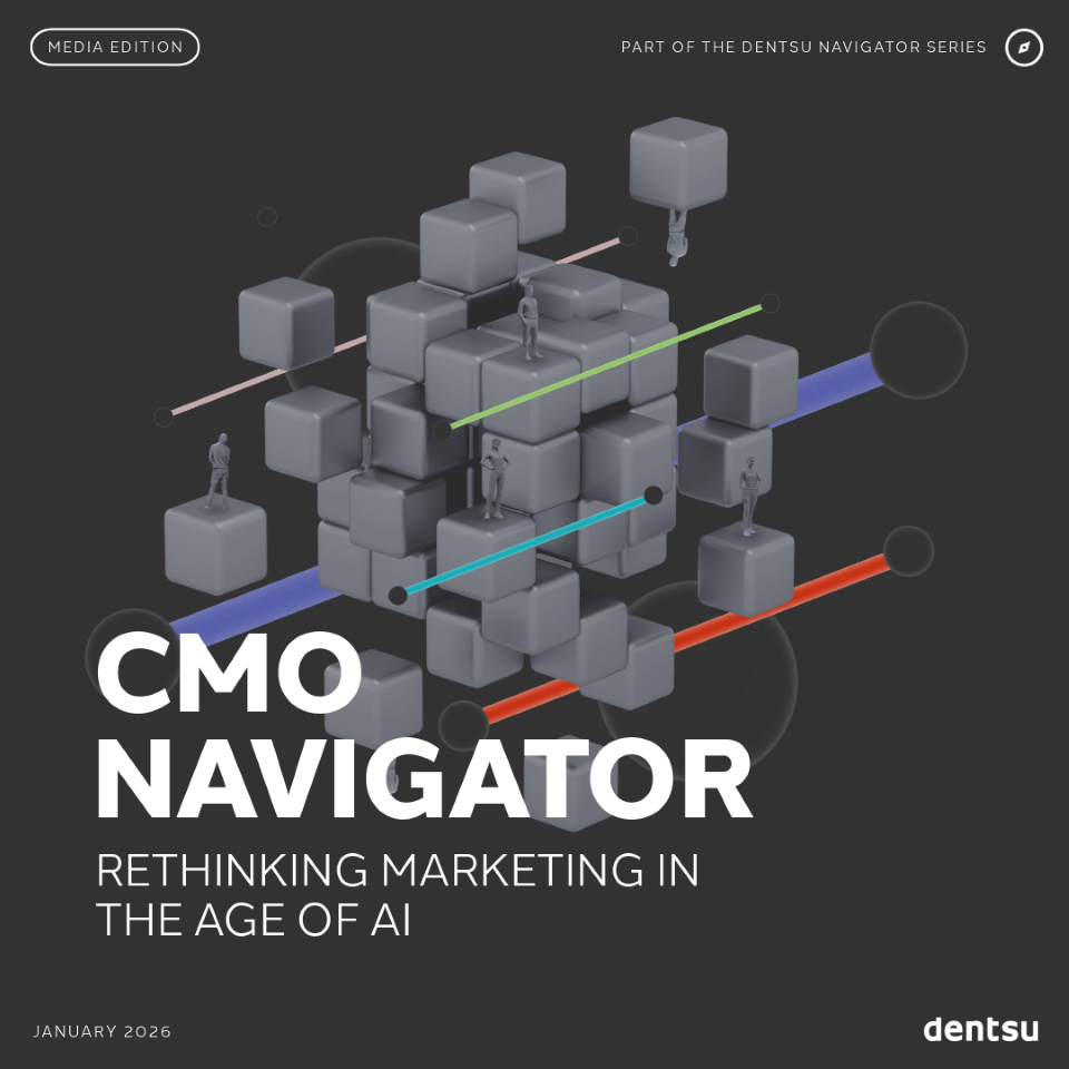 3D visualization of connected data blocks and human figures representing AI, media connectivity, and modern marketing strategy.